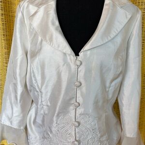 Vintage Ivory Satin Button Front Jacket Embroidered 12 Cottagecore